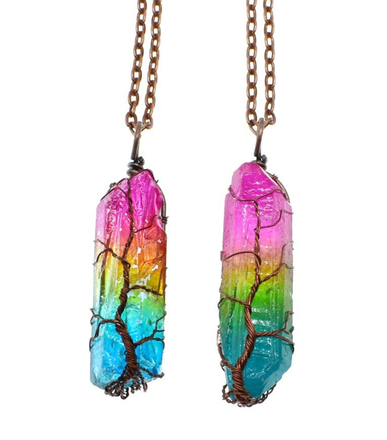 Hot Selling Stone Crystal Pillar Tree Of Life Pendant Ins Fashion Necklace